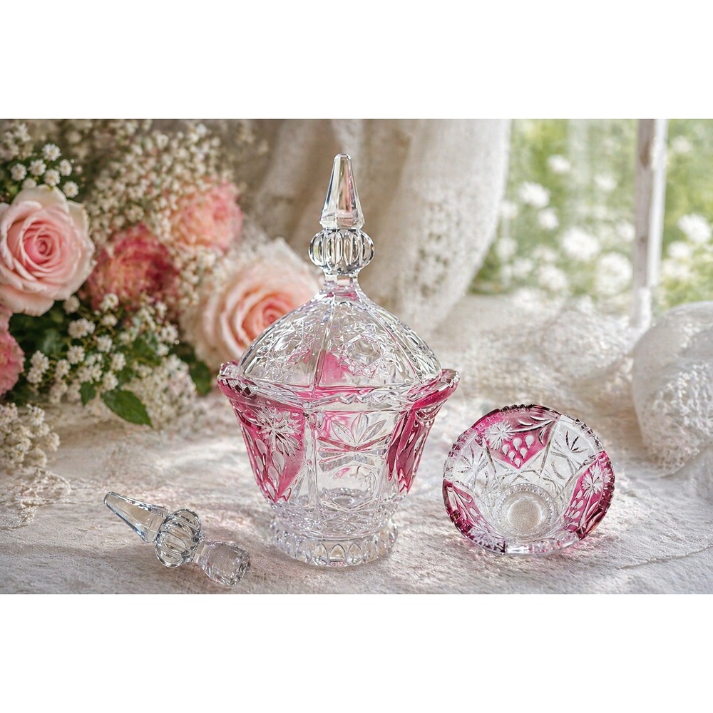 Vintage Cranberry Flash Cut Crystal Trinket Dish with Lid Starburst Pattern